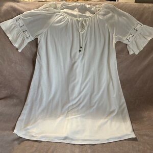 NAIF White Lined Coastal Grecian Dress Bell Sleeves Women’s XL